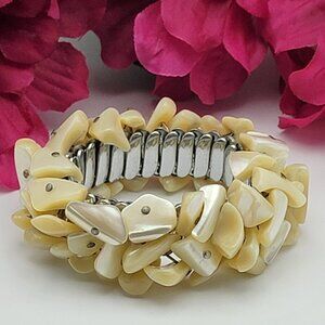 JSFK Trademark Cream Mother Of Pearl Silver Tone Expansion Bracelet 5-8" Japan